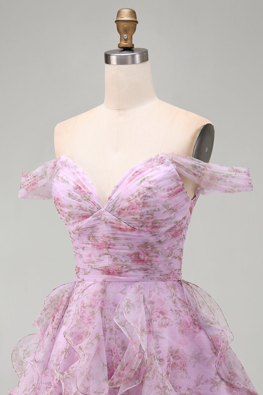 Lilac A-Line Ruched Short Floral Homecoming Dress with Ruffles