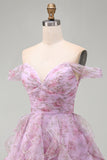 Lilac A-Line Ruched Short Floral Homecoming Dress with Ruffles