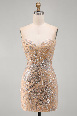 Sparkly Champagne Floral Tight Sequins Short Corset Homecoming Dress