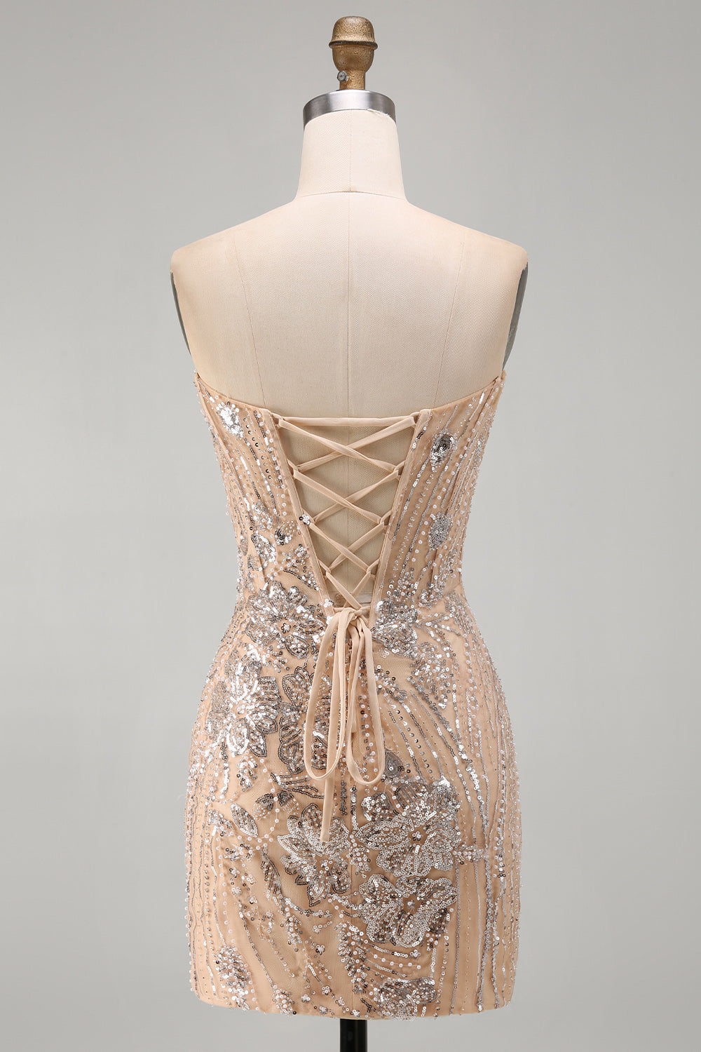 Sparkly Champagne Floral Tight Sequins Short Corset Homecoming Dress