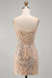 Sparkly Champagne Floral Tight Sequins Short Corset Homecoming Dress