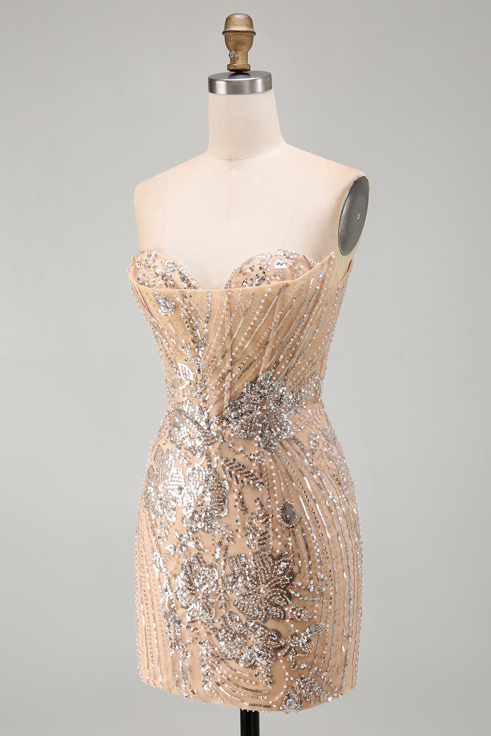 Sparkly Champagne Floral Tight Sequins Short Corset Homecoming Dress