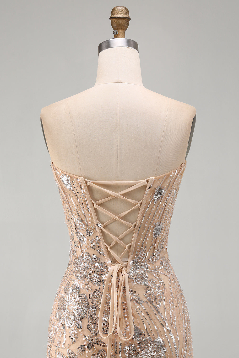 Sparkly Champagne Floral Tight Sequins Short Corset Homecoming Dress
