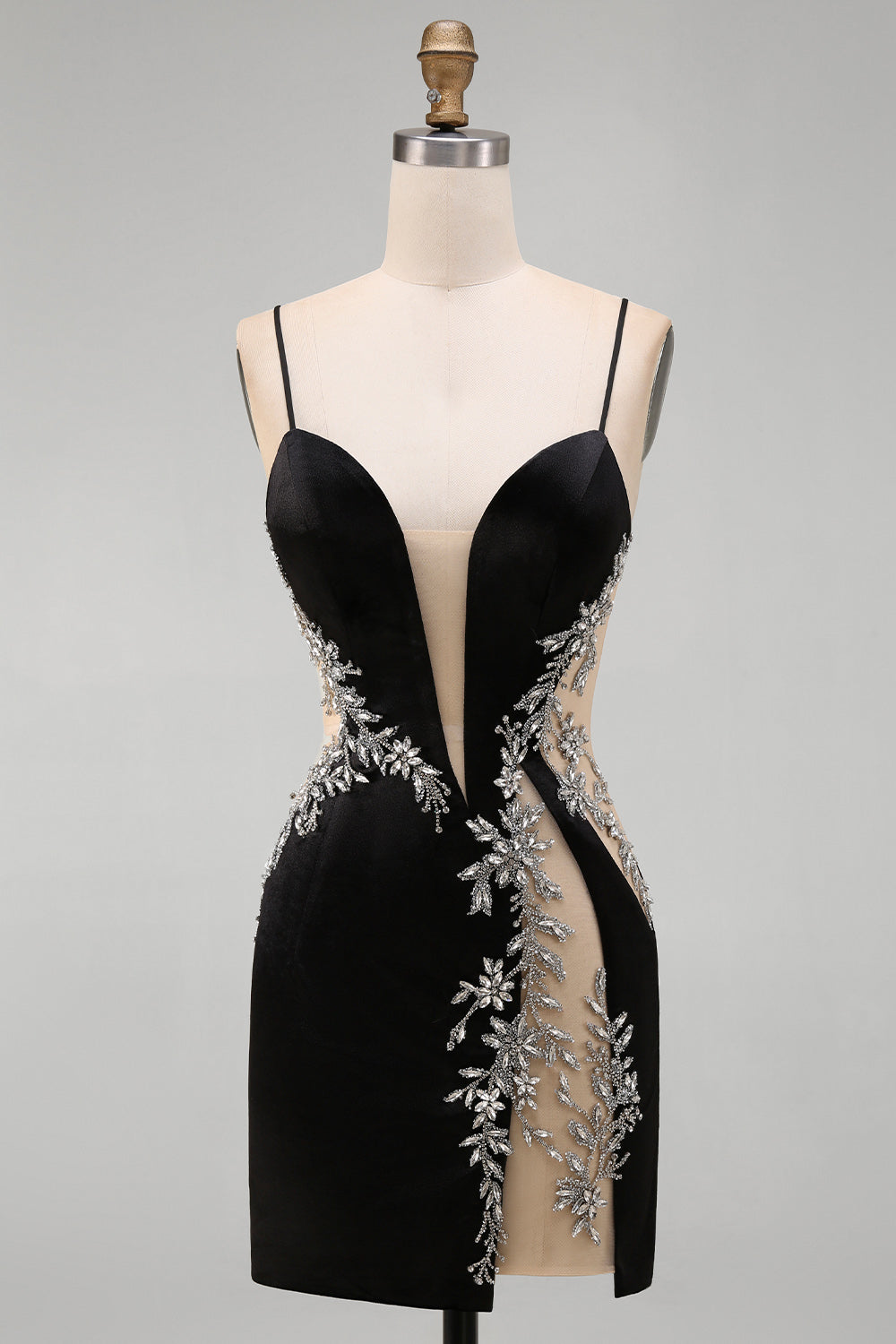 Black Floral Tight Cut Out Short Homecoming Dress with Rhinestone