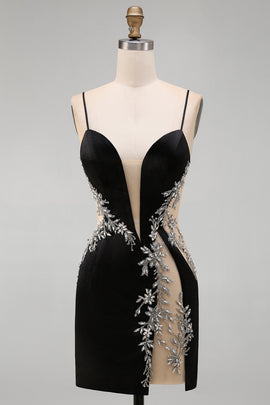 Black Floral Tight Cut Out Short Homecoming Dress with Rhinestone