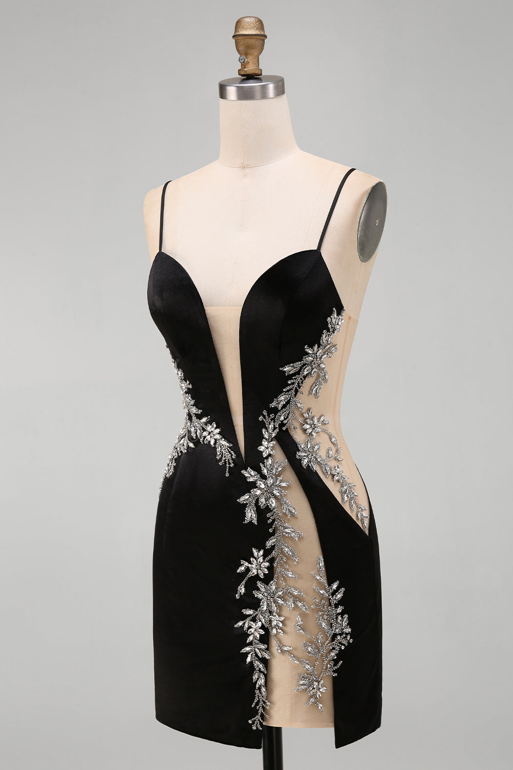 Black Floral Tight Cut Out Short Homecoming Dress with Rhinestone