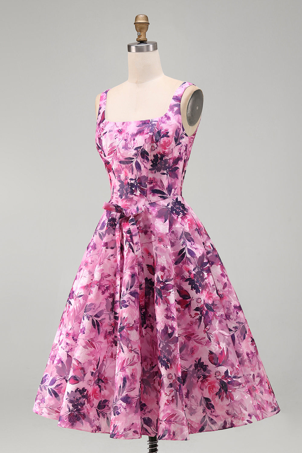 Fuchsia A-Line Square Neck Floral Printed Short Homecoming Dress with Bow