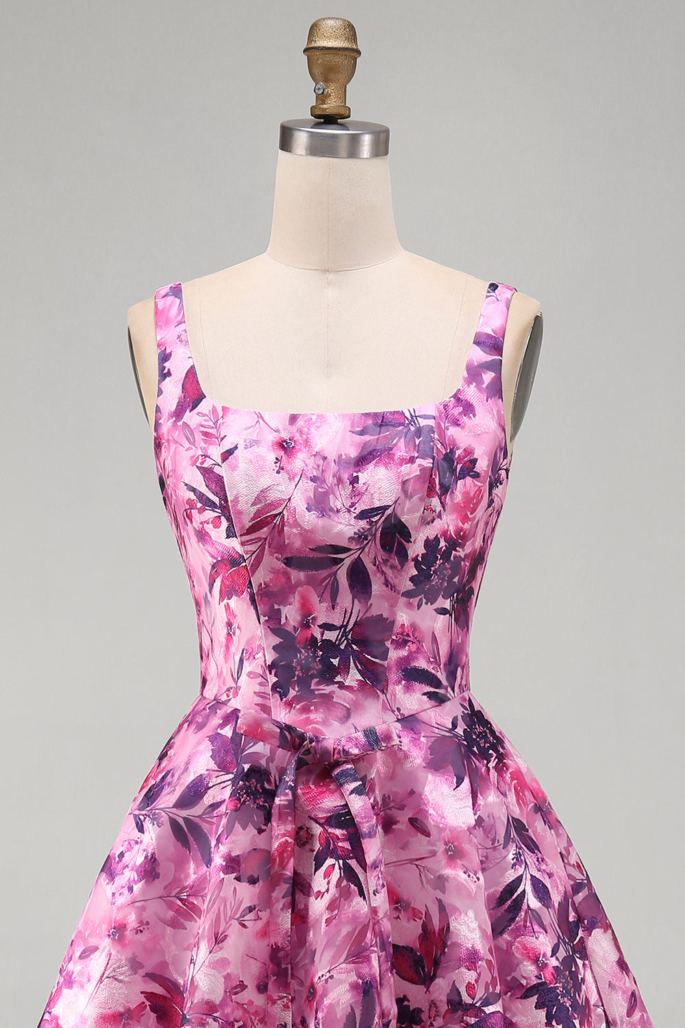 Fuchsia A-Line Square Neck Floral Printed Short Homecoming Dress with Bow