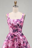 Fuchsia A-Line Square Neck Floral Printed Short Homecoming Dress with Bow