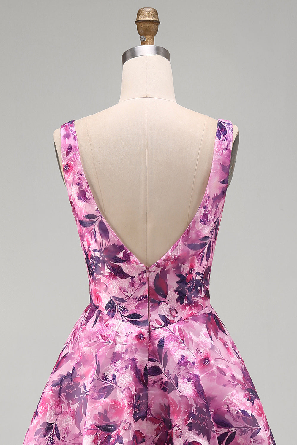 Fuchsia A-Line Square Neck Floral Printed Short Homecoming Dress with Bow