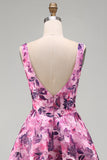 Fuchsia A-Line Square Neck Floral Printed Short Homecoming Dress with Bow