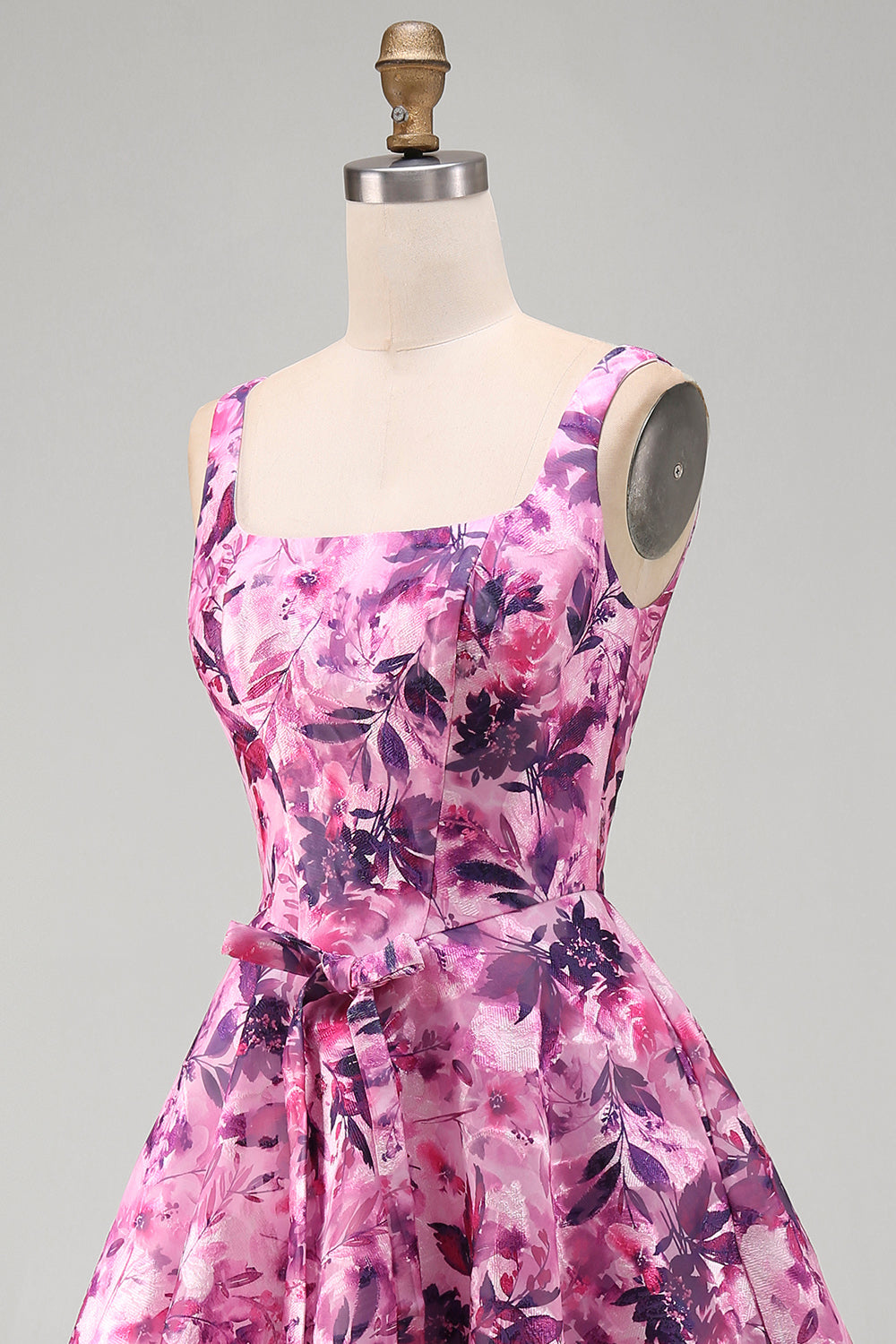 Fuchsia A-Line Square Neck Floral Printed Short Homecoming Dress with Bow