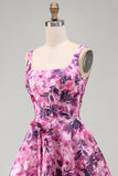 Fuchsia A-Line Square Neck Floral Printed Short Homecoming Dress with Bow