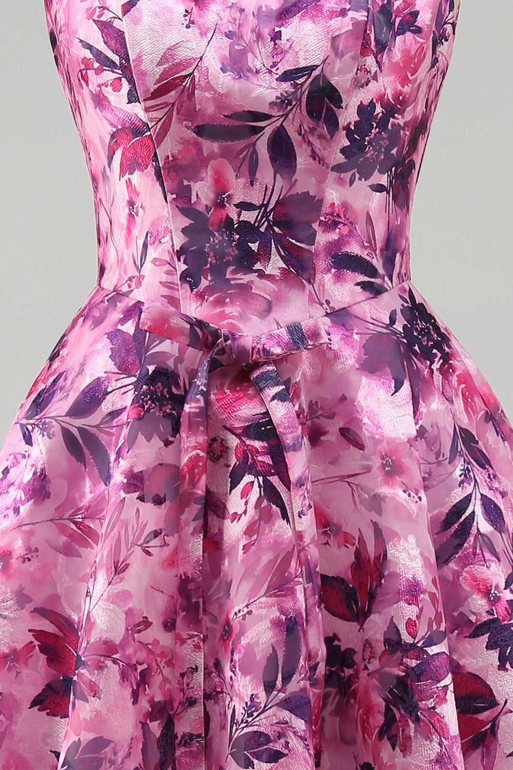Fuchsia A-Line Square Neck Floral Printed Short Homecoming Dress with Bow