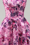 Fuchsia A-Line Square Neck Floral Printed Short Homecoming Dress with Bow