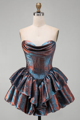 Blue Short Sweetheart Corset Metallic Tiered Ruffled Homecoming Dress
