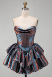 Blue Short Sweetheart Corset Metallic Tiered Ruffled Homecoming Dress