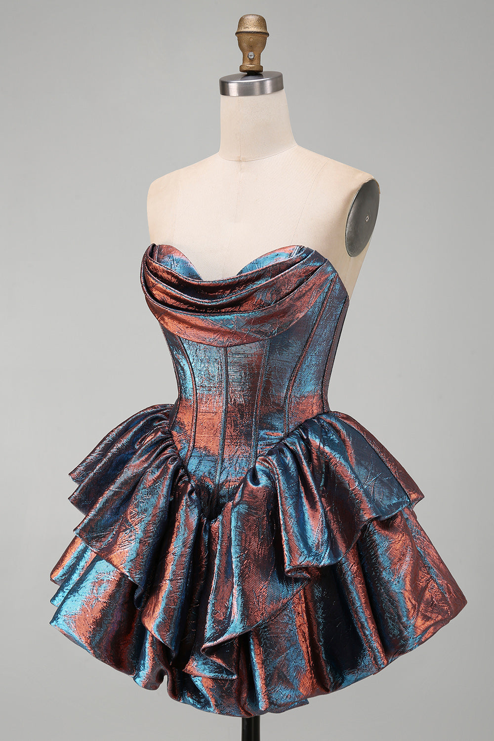 Blue Short Sweetheart Corset Metallic Tiered Ruffled Homecoming Dress