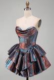 Blue Short Sweetheart Corset Metallic Tiered Ruffled Homecoming Dress