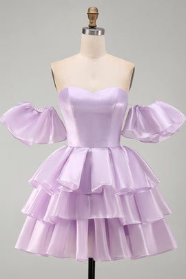 Lilac Tiered Ruffled Short A Line Homecoming Dress with Sleeves