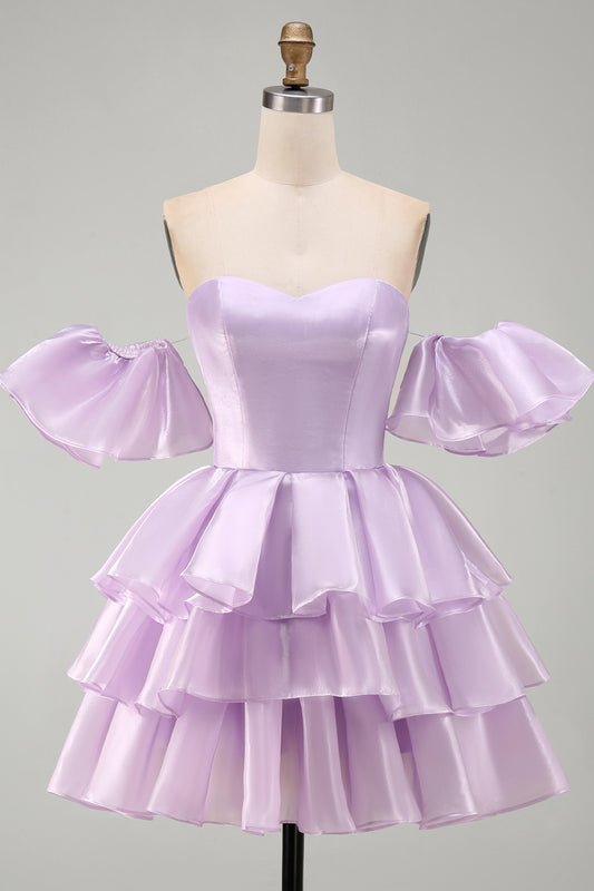 Lilac Tiered Ruffled Short A Line Homecoming Dress with Sleeves