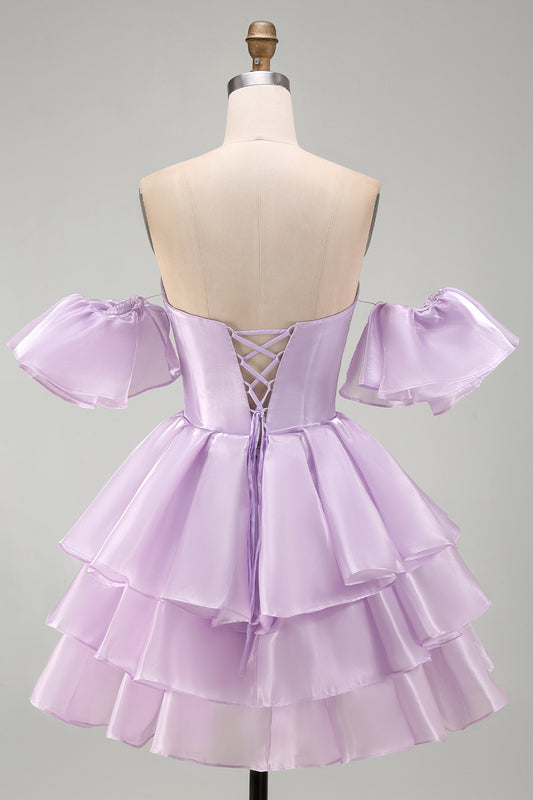 Lilac Tiered Ruffled Short A Line Homecoming Dress with Sleeves
