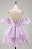 Lilac Tiered Ruffled Short A Line Homecoming Dress with Sleeves
