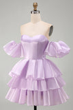 Lilac Tiered Ruffled Short A Line Homecoming Dress with Sleeves