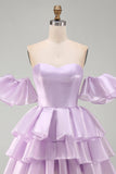 Lilac Tiered Ruffled Short A Line Homecoming Dress with Sleeves