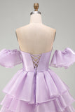 Lilac Tiered Ruffled Short A Line Homecoming Dress with Sleeves