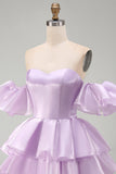 Lilac Tiered Ruffled Short A Line Homecoming Dress with Sleeves