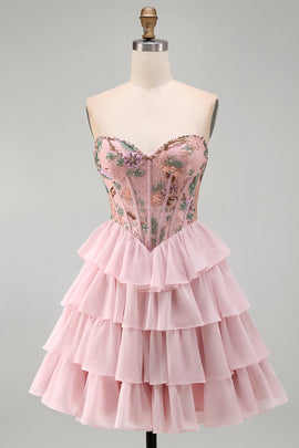 Pink A-Line Sweetheart Floral Tiered Ruffled Short Corset Homecoming Dress