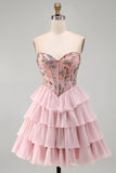 Pink A-Line Sweetheart Floral Tiered Ruffled Short Corset Homecoming Dress