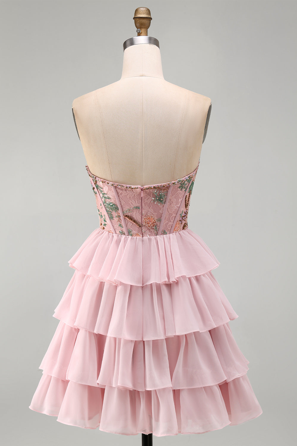 Pink A-Line Sweetheart Floral Tiered Ruffled Short Corset Homecoming Dress