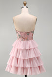 Pink A-Line Sweetheart Floral Tiered Ruffled Short Corset Homecoming Dress