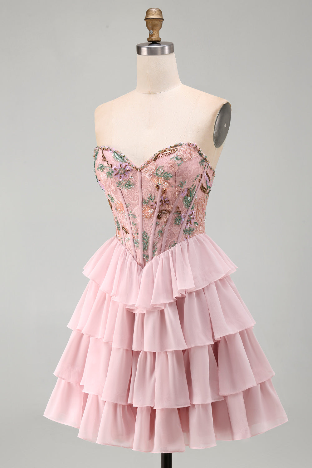 Pink A-Line Sweetheart Floral Tiered Ruffled Short Corset Homecoming Dress