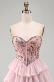 Pink A-Line Sweetheart Floral Tiered Ruffled Short Corset Homecoming Dress