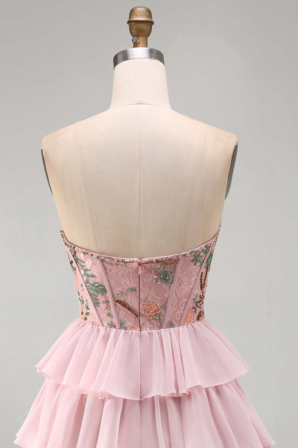 Pink A-Line Sweetheart Floral Tiered Ruffled Short Corset Homecoming Dress