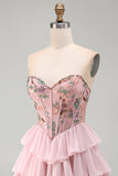 Pink A-Line Sweetheart Floral Tiered Ruffled Short Corset Homecoming Dress