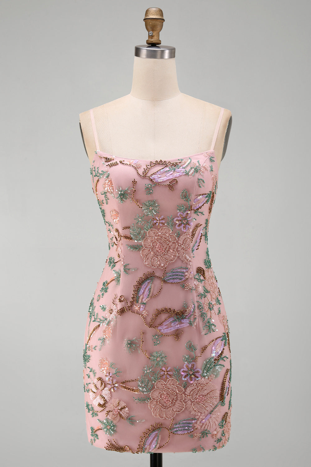 Pink Floral Beaded Sequin Tight Short Homecoming Dress