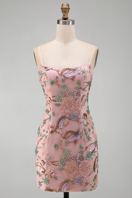 Pink Floral Beaded Sequin Tight Short Homecoming Dress