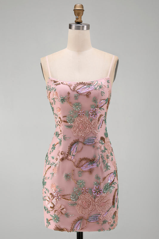 Pink Floral Beaded Sequin Tight Short Homecoming Dress