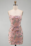 Pink Floral Beaded Sequin Tight Short Homecoming Dress