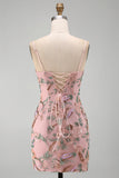 Pink Floral Beaded Sequin Tight Short Homecoming Dress
