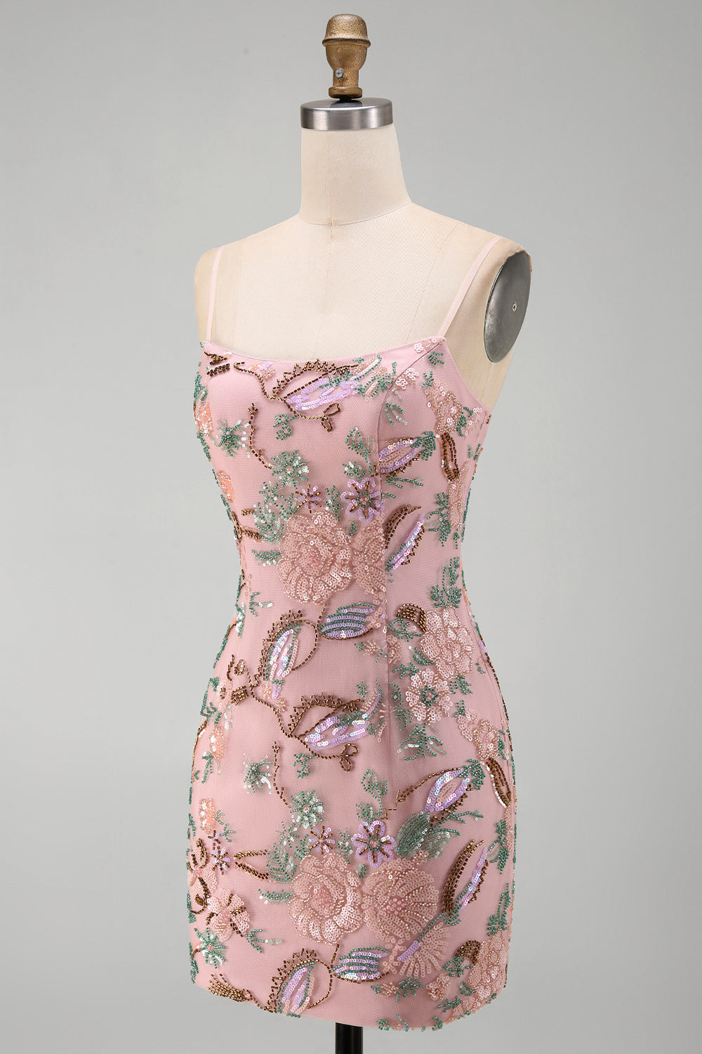 Pink Floral Beaded Sequin Tight Short Homecoming Dress