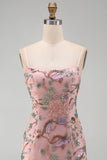 Pink Floral Beaded Sequin Tight Short Homecoming Dress
