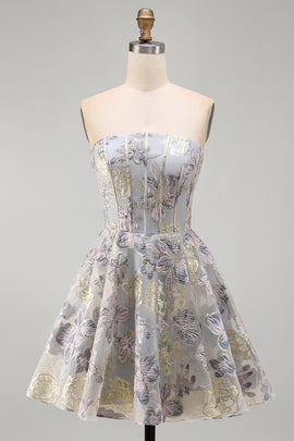 Blue Flower Jacquard Corset A Line Strapless Short Homecoming Dress