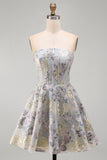 Blue Flower Jacquard Corset A Line Strapless Short Homecoming Dress