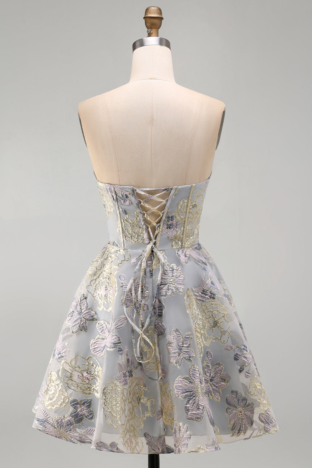 Blue Flower Jacquard Corset A Line Strapless Short Homecoming Dress
