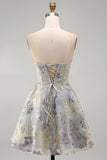 Blue Flower Jacquard Corset A Line Strapless Short Homecoming Dress